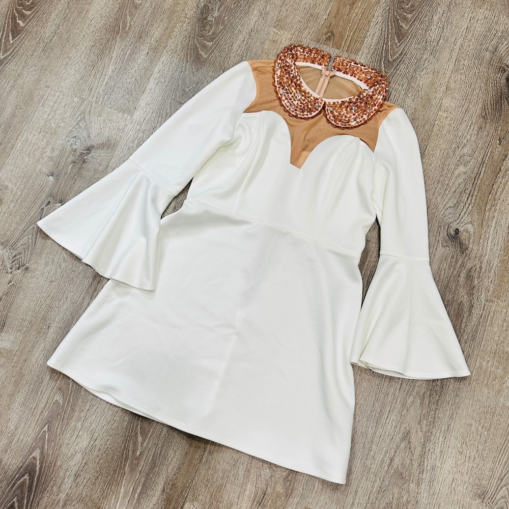 ASOS Dress Women's 12 White Embellished Peter Pan Collar Bell Sleeve Mini Dress